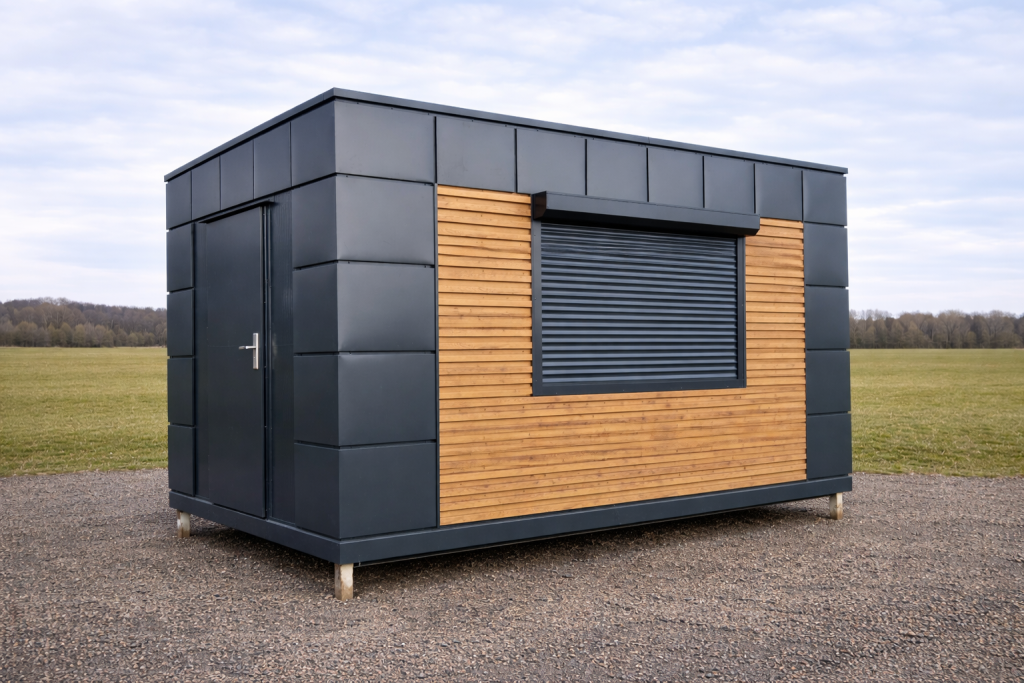 Portable catering kiosk with anthracite panels, timber slat cladding, roller shutter, and side entry door
