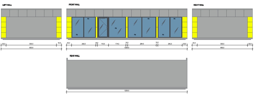 Technical elevation drawings of a modular building showing front rear left and right walls with window positions and dimensions