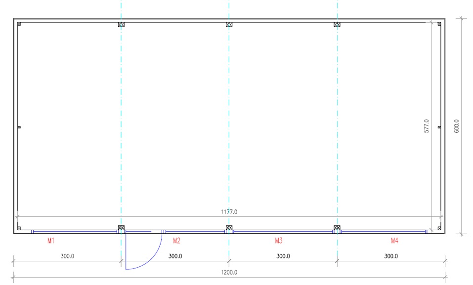 Floor plan drawing of a portable modular building 12m x 6m with structural column positions marked