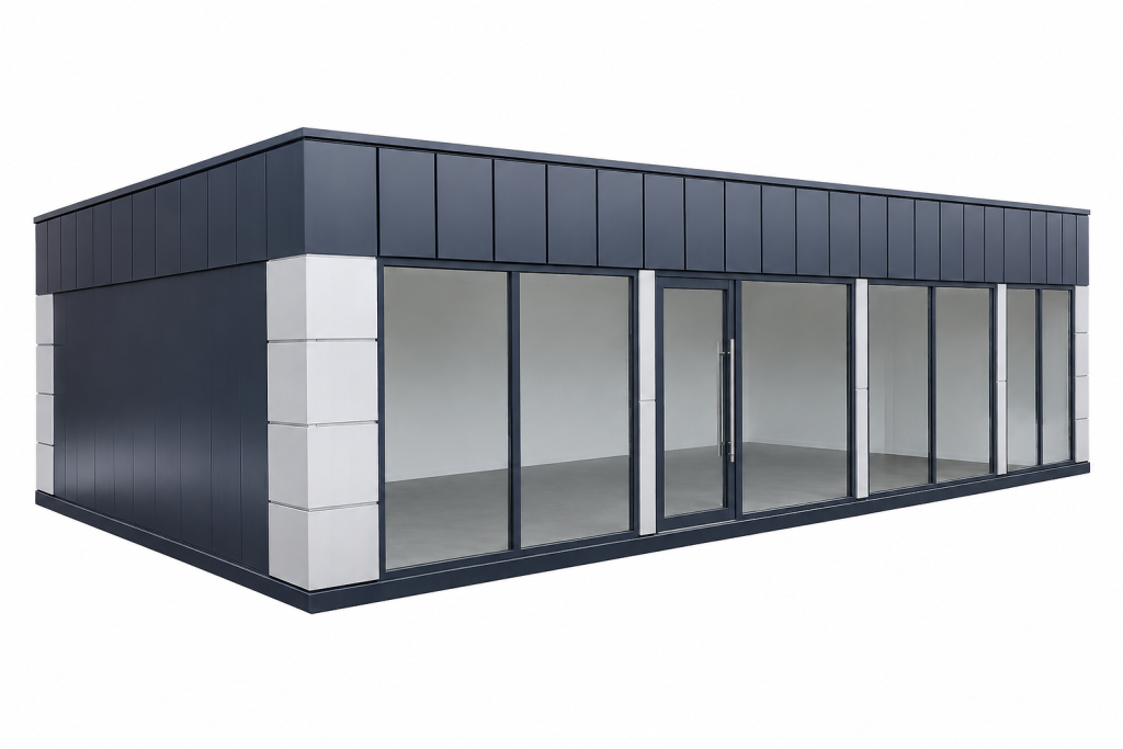 3D render of a dark grey modular building shell with a glazed frontage and white corner cladding