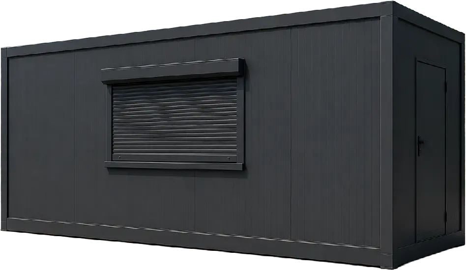 3D render of anthracite grey portable kiosk with roller shutter and side door on paved plaza