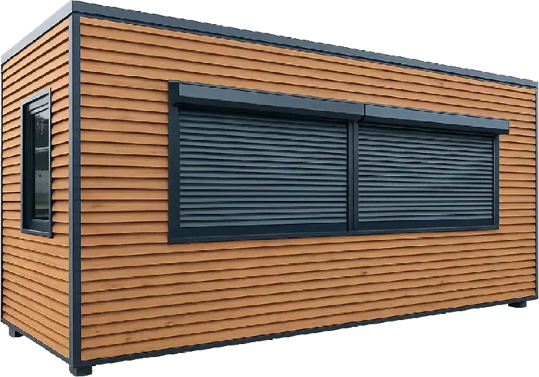 Compact portable modular cabin with natural timber horizontal cladding, dark roller shutters and small side window on white background