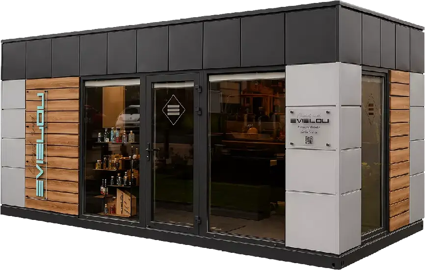Modular retail pod with dark grey top panels, natural timber louvre cladding, glazed double entrance doors and branded signage
