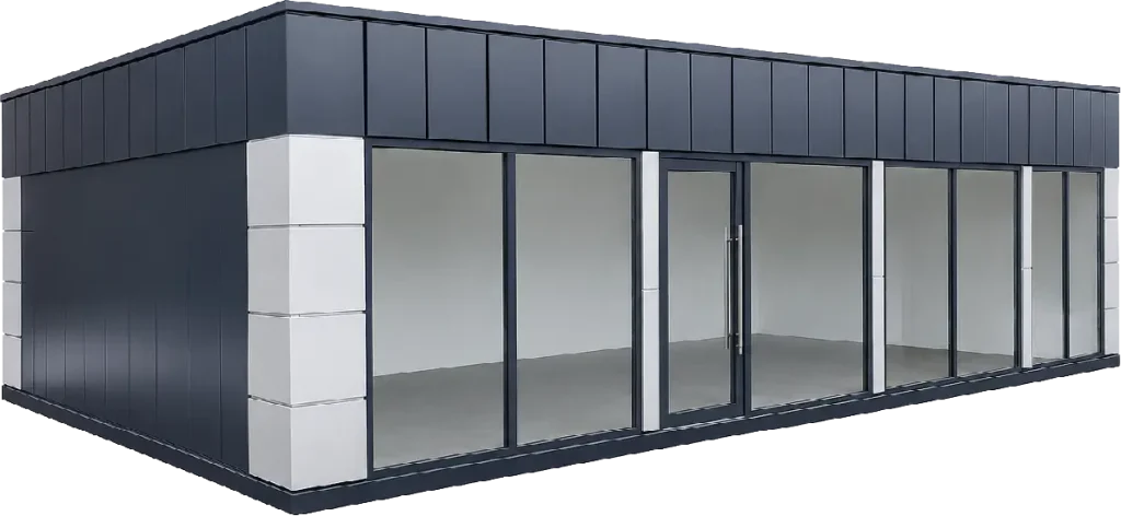 3D render of a dark grey modular building shell with a glazed frontage and white corner cladding