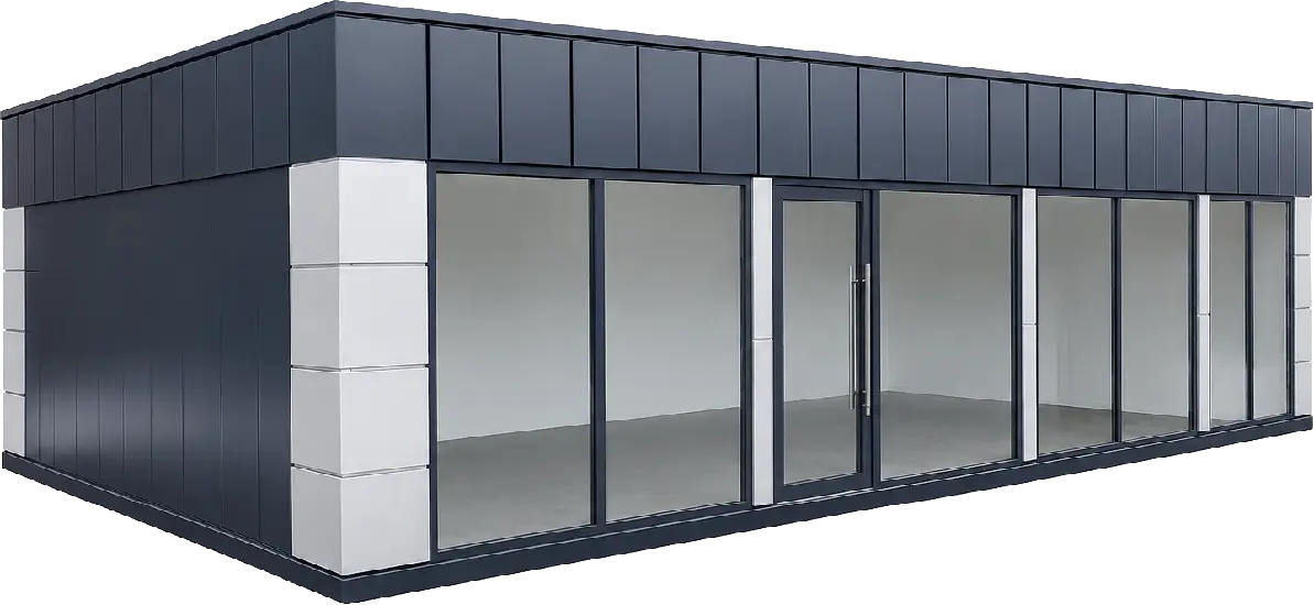 3D render of a dark grey modular building shell with a glazed frontage and white corner cladding