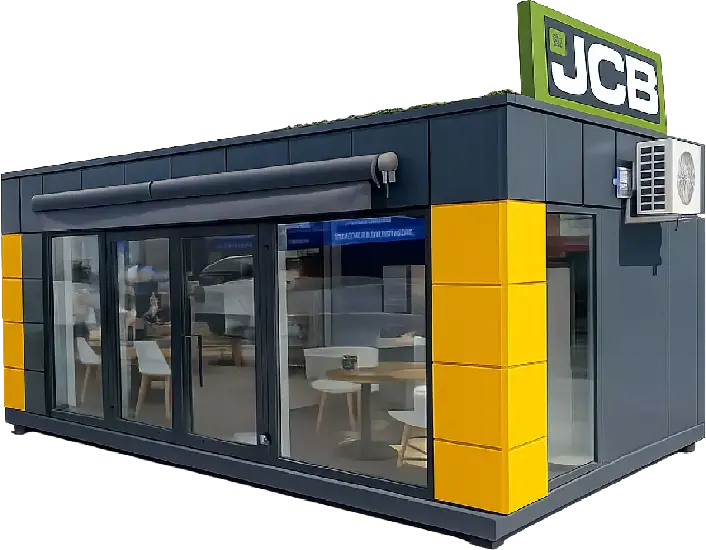 3D render of a branded modular canteen unit in JCB yellow and dark grey with full-height glazing and retractable awning