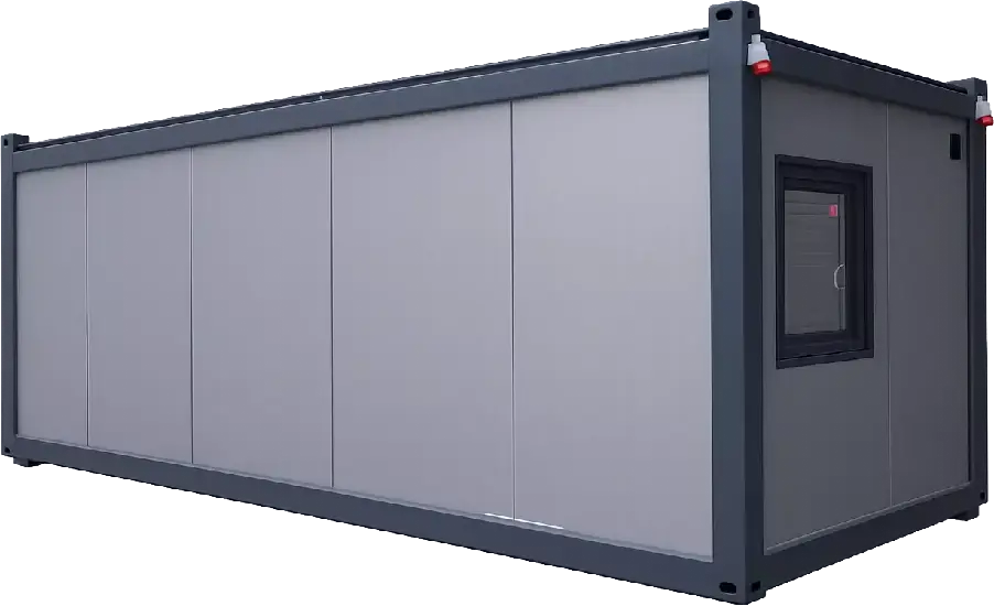 Grey and dark anthracite portable site cabin with single window on white background, product shot angle view