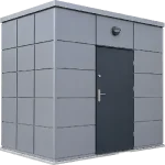 3D render of a compact grey modular portable cabin with dark single door and panel cladding