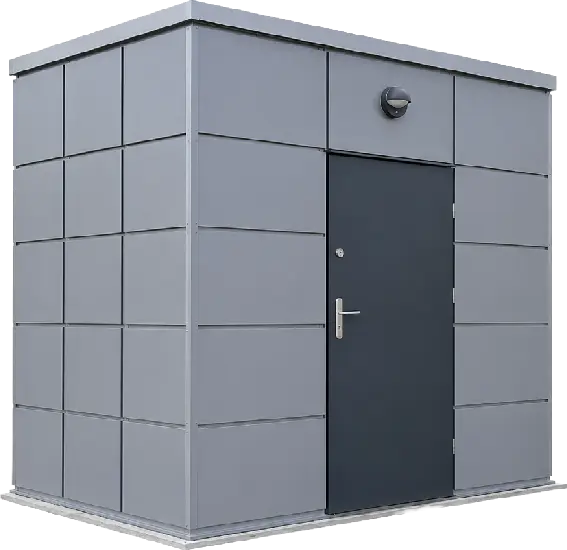 3D render of a compact grey modular portable cabin with dark single door and panel cladding
