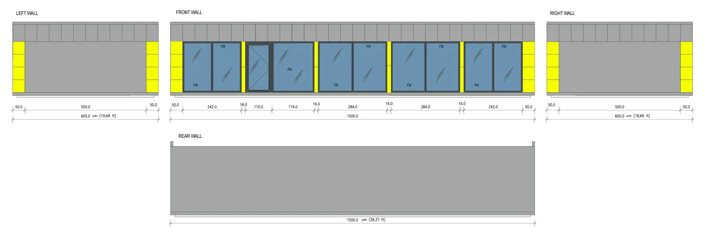 Technical elevation drawings of a modular building showing front rear left and right walls with window positions and dimensions