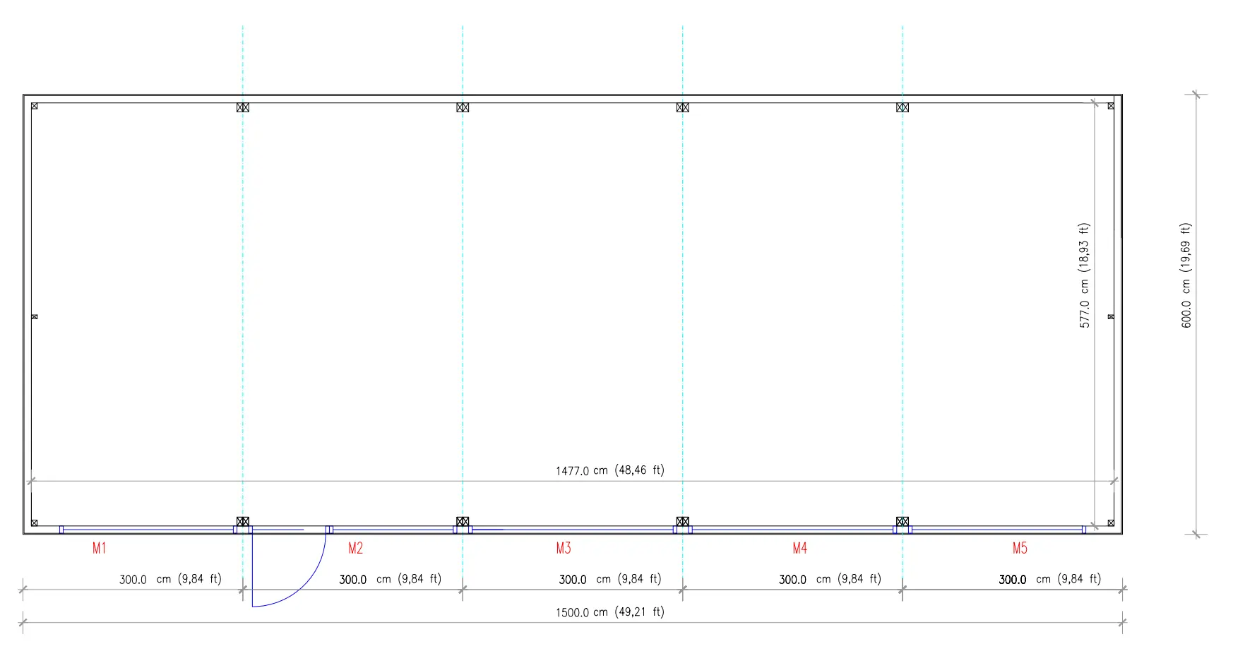 Floor plan drawing of a portable modular building 15m x 6m with structural column positions marked