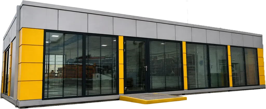 Exterior of a grey Workspace with yellow accent panels and large glazed frontage