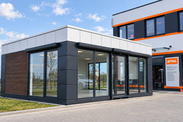 Compact modular office with dark grey and wood-effect cladding and glazed sliding doors next to a commercial building
