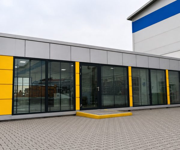 Exterior of a grey modular office building with yellow accent panels and large glazed frontage on a paved forecourt
