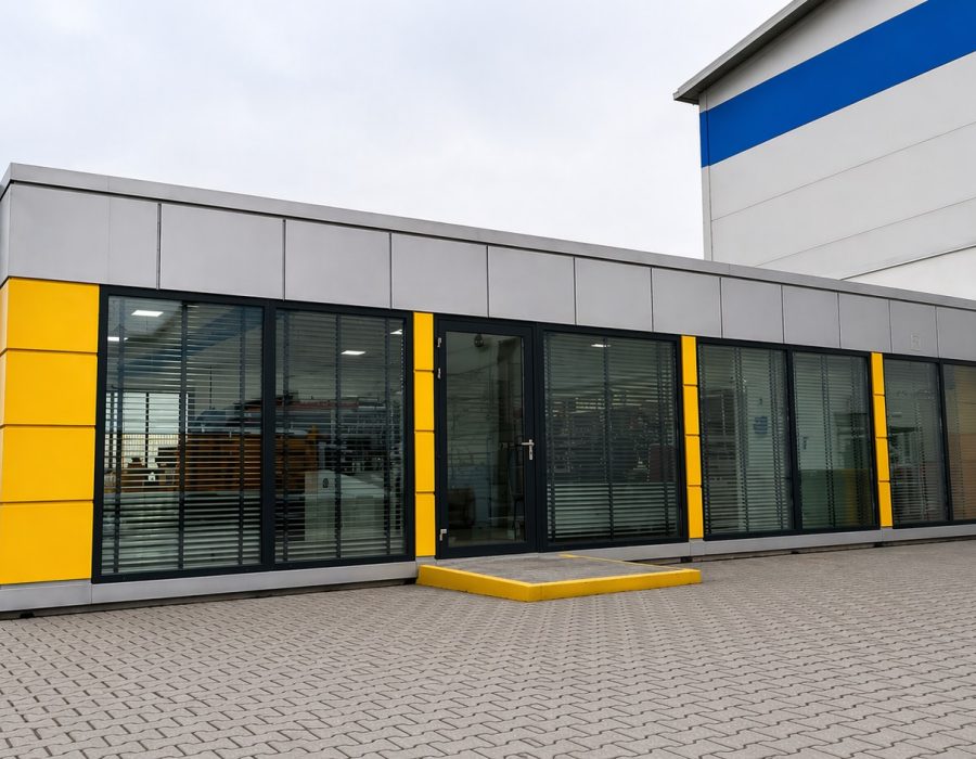 Exterior of a grey modular office building with yellow accent panels and large glazed frontage on a paved forecourt