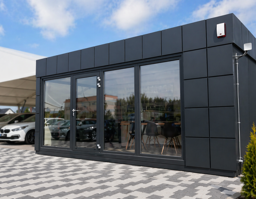 Dark anthracite grey portable modular office with large glazed bi-fold doors situated in a car dealership forecourt