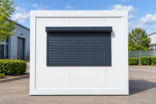 White portable building exterior with dark grey roller shutter over large window