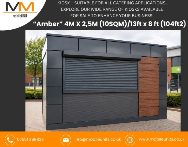 MobileUnits Amber catering kiosk with grey cladding, roller shutter serving hatch, and wood-effect panel