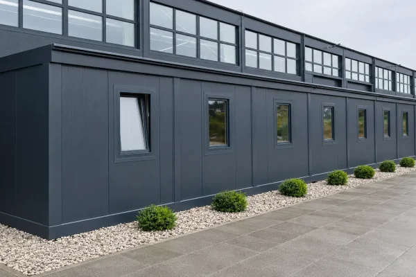 Dark anthracite modular office building with full-width clerestory glazing and small side windows