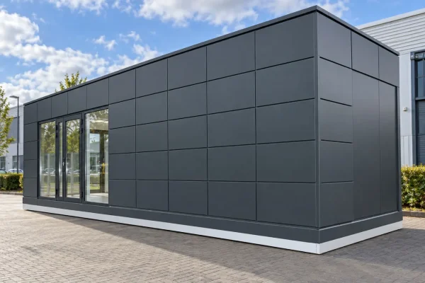 Front elevation of a portable office with dark contemporary cladding and glazed double entrance doors