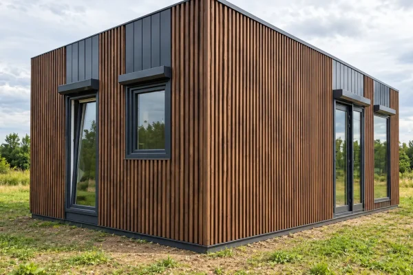 Corner view of Debbie 9 x 5 modular building with walnut-effect vertical cladding, anthracite grey windows and glazed entrance doors by Mobile Units UK.
