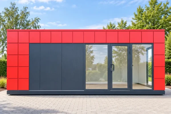 Dark anthracite and red modular portable building.