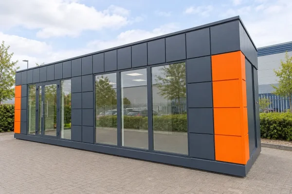 Exterior of the Joseph portable office with dark grey cladding, orange feature panels and large glazed sections