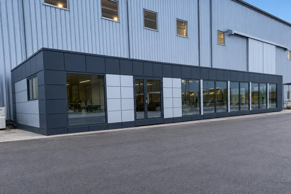 Front and side view of the Naomi modular office building with full-height glazing and dark contemporary cladding