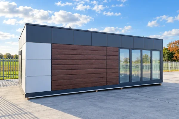 Modular office unit with grey and white panel cladding, wood-effect horizontal boards, and sliding glazed doors