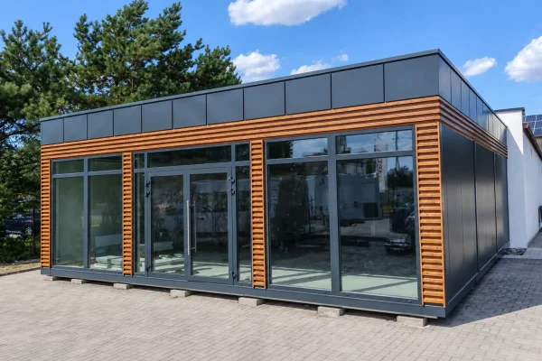 Modular portable building with natural timber cladding wide glazed frontage and grey metal roof band