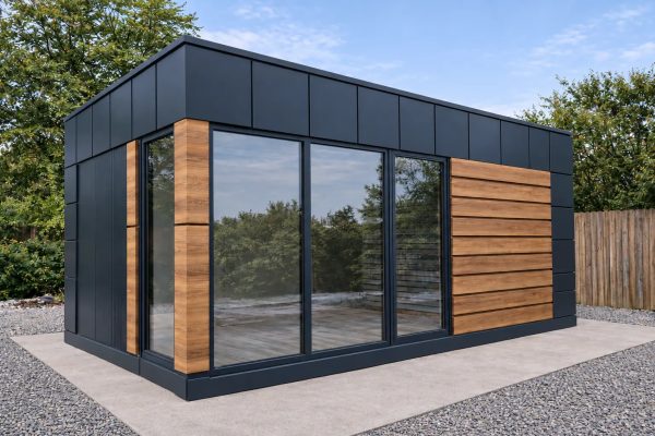 Dark anthracite modular garden office pod with timber horizontal cladding and large sliding glass doors on paved gravel area