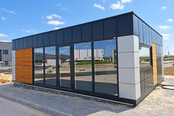 Modular building with floor-to-ceiling glazed facade dark grey cladding and wood accent panel on paved site