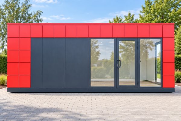 Dark anthracite and red modular portable building.