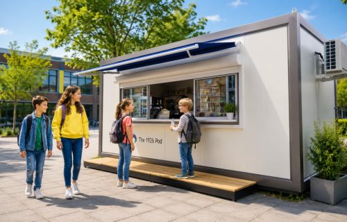 Modular school kiosk pod with a serving hatch and awning, with school pupils queuing in a sunny schoolyard